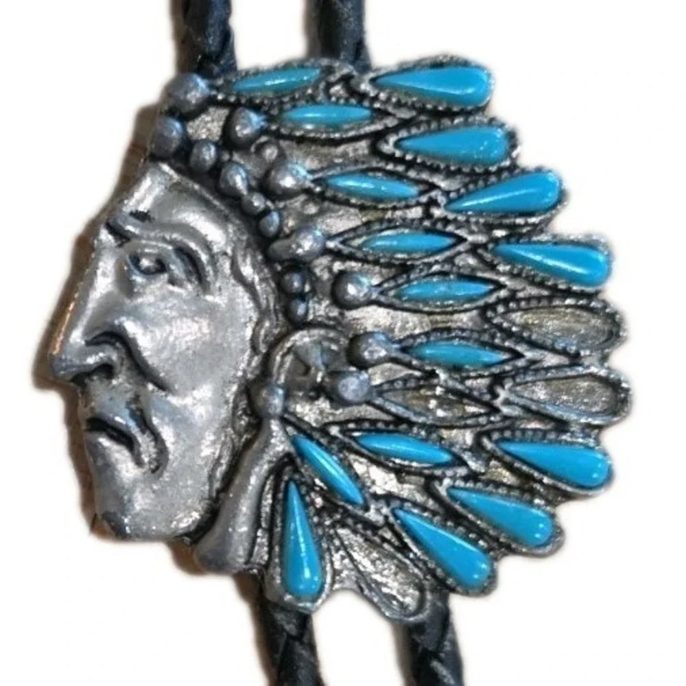 VTG Western Indian Chief‎ Bolo Tie Silver Tone Light Blue Turquoise Color Cowboy